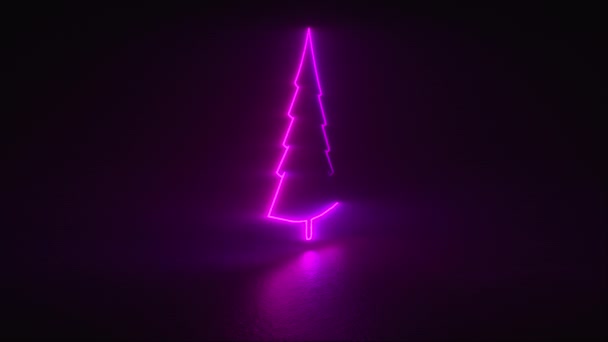 Rendering 3d, sfondo nero generato dal computer con albero di Natale al neon — Video Stock
