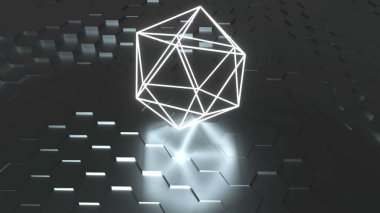 Neon atom sembolü yansıma, fütüristik 3d render arka plan, icosahedron geometrik şekil ile yüzeyde