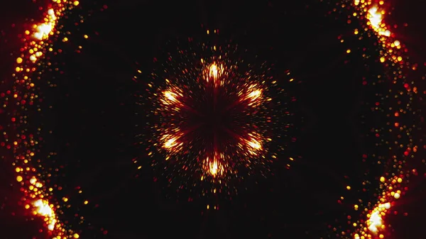 3D rendering radiation from the center of golden particles on a black background, computer generated abstract background