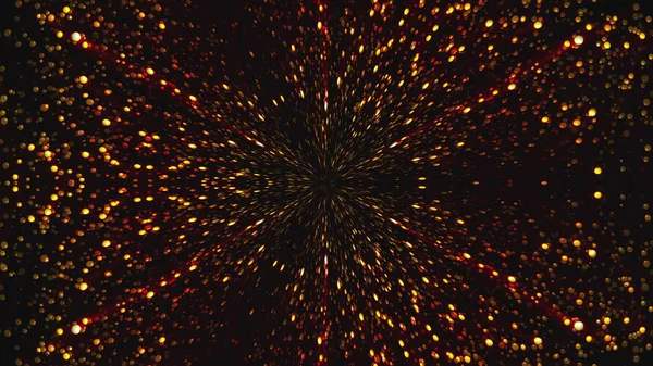 3D-візуалізація випромінювання від центру золотих частинок на чорному тлі, створений комп'ютером абстрактний фон — стокове фото