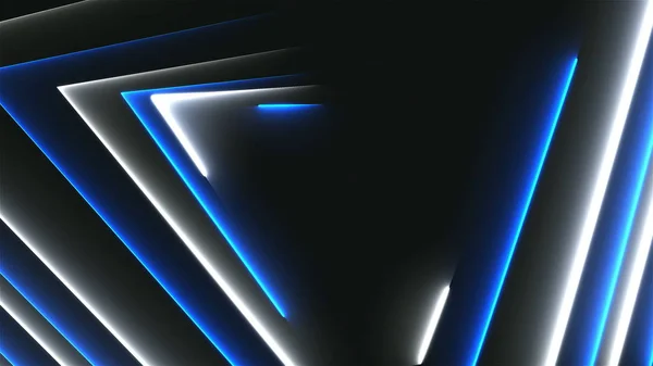 Many neon triangles in space, abstract computer generated backdrop, 3D render