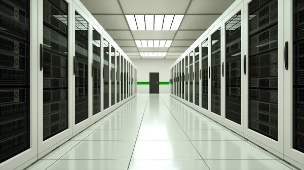 Modern server room interior in datacenter, web network and internet telecommunication technology, big data storage and cloud service concept, 3d render — Stock Photo, Image