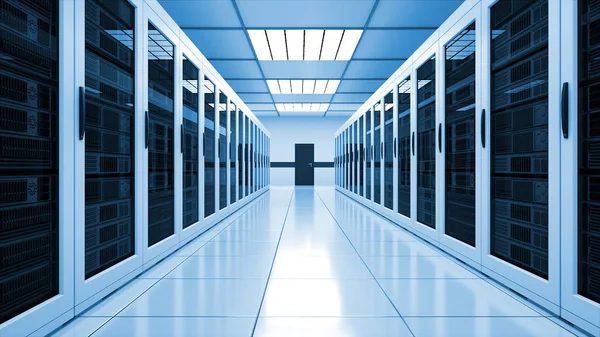 Interior moderno de la sala de servidores en el centro de datos, la red web y la tecnología de telecomunicaciones de Internet, el almacenamiento de big data y el concepto de servicio en la nube, 3d render — Foto de Stock