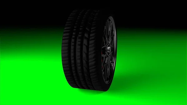 Modern and shiny car wheel on the surface, stylish object, 3d rendering computer generated backdrop — Stock Photo, Image