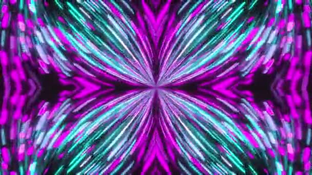 Computer generato sfondo astratto di particelle tremolanti, rendering 3D di un caleidoscopio di strisce colorate, immagine di un fiore — Video Stock