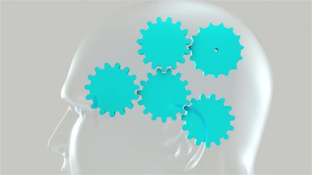Draaiende versnellingen in een hoofd. 3d weergave van het denkproces. Computer gemaakt achtergrond — Stockvideo