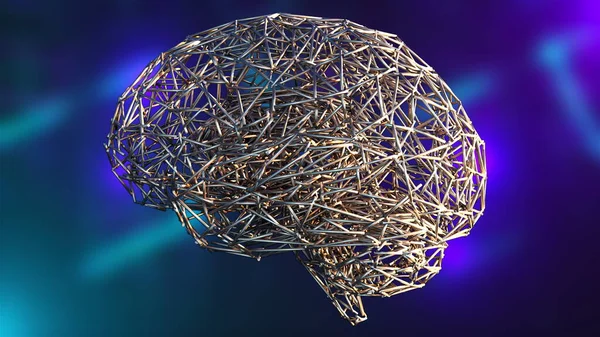 Компьютерный искусственный интеллект. 3d визуализация формы человеческого мозга из проводника на фоне цветных огней — стоковое фото