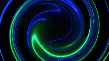 Bilgisayar soyut büküm arkaplanı oluşturdu. Neon renk çizgilerinin 3B dairesel birleşimi.