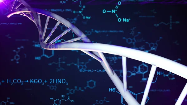 DNA dupla hélice, e as fórmulas químicas, geradas por computador. 3d renderização de fundo de pesquisa médica — Fotografia de Stock