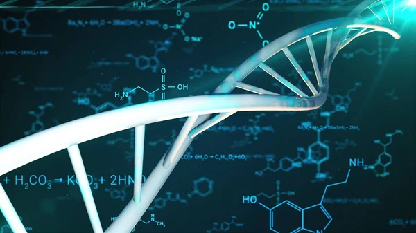 DNA dupla hélice, e as fórmulas químicas, geradas por computador. 3d renderização de fundo de pesquisa médica — Fotografia de Stock