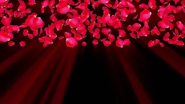 Petali di rosa che cadono da cima a fondo, generati dal computer. Pioggia di petali. rendering 3d di sfondo romantico — Foto Stock