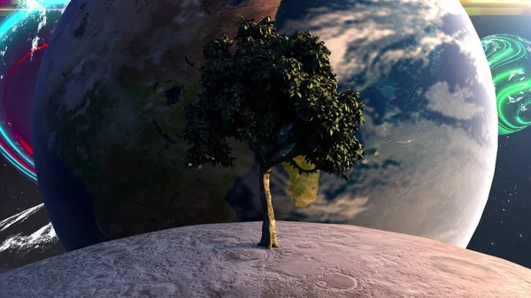 Tree on the moon in front of the Earth planet against the backdrop of celestial bodies and stars. Computer generated futuristic composition. 3D rendering elements of this image furnished by NASA — Stock Photo, Image