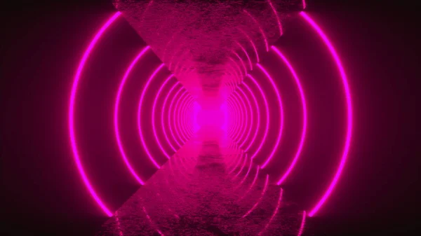 Realizacja 3D, abstrakcyjne tło, wirtualna rzeczywistość, generowane komputerowo fluorescencyjne światło ultrafioletowe, świecące linie neonowe, trójkątny tunel z prostą gładką drogą — Zdjęcie stockowe