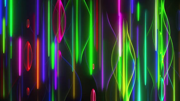 Random multicolored neon lines and wavy shapes, computer generated. 3d rendering changing background — Stock Fotó
