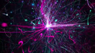 Bilgisayar, sayısız büyülü parçacık ve çizgilerle parlayan bir küre yarattı. Renkli arkaplanın 3d görüntülemesi