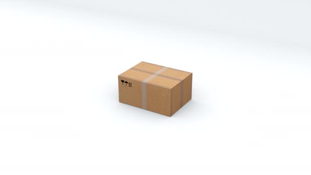 Χάρτινο κουτί για την αποστολή διαφόρων προϊόντων, υπολογιστή που δημιουργείται. Η έννοια της ασφαλούς μεταφοράς των εμπορευμάτων. 3d απόδοση του τεχνολογικού υποβάθρου — Αρχείο Βίντεο