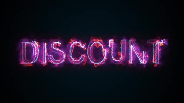 Η λέξη Discount, δημιουργήθηκε από υπολογιστή. Η καμένη επιγραφή αποτελείται από κεφαλαία γράμματα. 3D απόδοση πολύχρωμο επιχειρηματικό υπόβαθρο. — Αρχείο Βίντεο