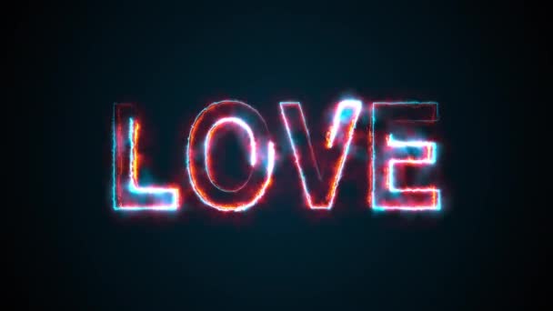 A "Szerelem" szó, számítógép generálva. Égő felirat. Nagybetűk. 3d rendering üdvözlő háttér — Stock videók
