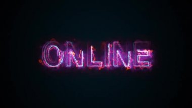 İnternetteki bir ekranda Online kelimesi. Yazı yakıyor. 3D yorumlama metni. Bilgisayar tarafından oluşturulan ağ arkaplanı