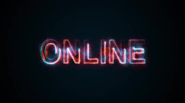 İnternetteki bir ekranda Online kelimesi. Yazı yakıyor. 3D yorumlama metni. Bilgisayar tarafından oluşturulan ağ arkaplanı