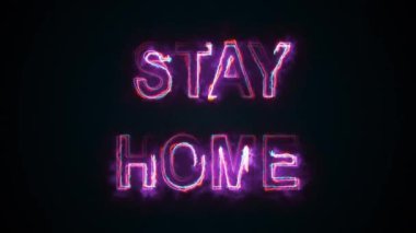 Bilgisayar yazıyı oluşturdu. Evde kal. Yanan kelimeler tehlike hakkında uyarır. Salgın konseptinin 3 boyutlu yorumlanması. Grafiksel arkaplan