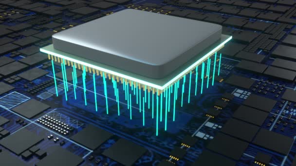 Processori informatici centrali, generati dal computer. rendering 3d del concetto di CPU. Il contesto tecnologico. — Video Stock
