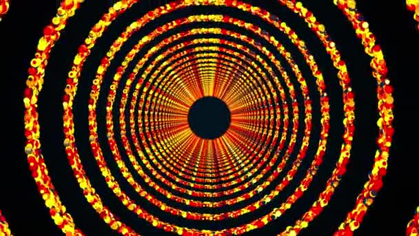 Cirkel ringen van kleurrijke pailletten vormen een eindeloze tunnel, computer gegenereerd. 3d weergave van heldere glanzende achtergrond — Stockvideo