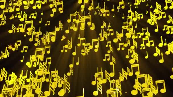 Lluvia de notas musicales doradas, generadas por ordenador. Representación 3D fondo melódico — Vídeo de stock