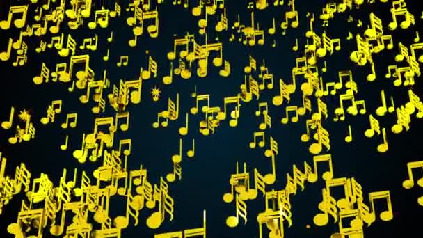 Regen van gouden muzieknoten, computer gegenereerd. 3D weergave van melodieuze achtergrond — Stockvideo