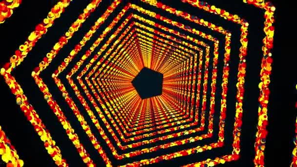 Hexagonale ringen van kleurrijke ronde deeltjes vormen een eindeloze tunnel, computer gegenereerd. 3d weergave van heldere glanzende achtergrond — Stockvideo