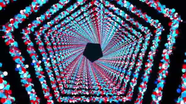 Šestiúhelníkové kruhy barevných kulatých částic tvoří nekonečný tunel, vytvořený počítačem. 3D vykreslování jasného lesklého pozadí — Stock video