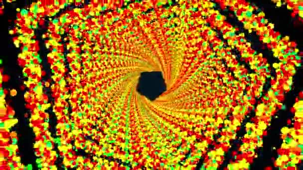 Anillos hexagonales de partículas redondas de colores forman un túnel sin fin, generado por computadora. 3d representación de fondo brillante brillante — Vídeo de stock