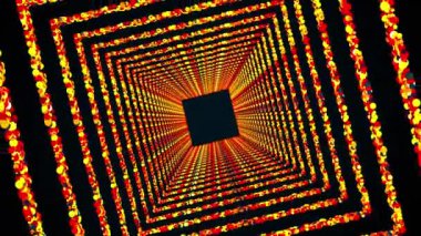 Renkli yuvarlak parçacıklardan oluşan kare halkalar bilgisayar tarafından oluşturulan sonsuz bir tünel oluşturur. Parlak arkaplanın 3D görüntülemesi