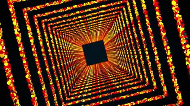 Quadratische Ringe aus bunten runden Teilchen bilden einen endlosen, computergenerierten Tunnel. 3D-Darstellung von hellem, glänzendem Hintergrund — Stockvideo