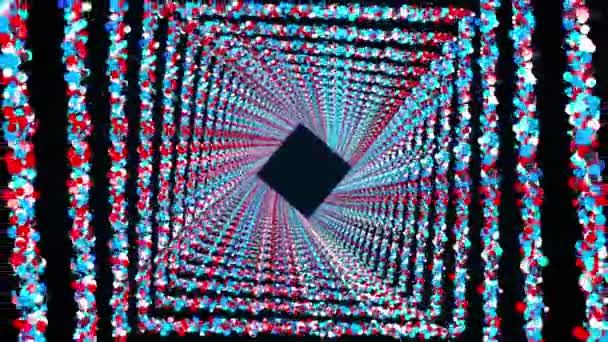 Quadratische Ringe aus bunten runden Teilchen bilden einen endlosen, computergenerierten Tunnel. 3D-Darstellung von hellem, glänzendem Hintergrund — Stockvideo
