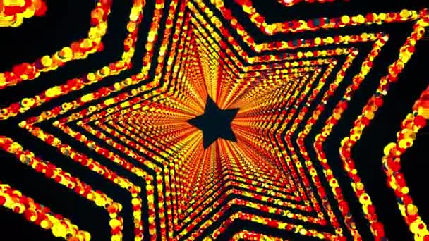 Αστέρια δαχτυλίδια από πολύχρωμα στρογγυλά σωματίδια σχηματίζουν ένα ατελείωτο τούνελ, που δημιουργείται από υπολογιστή. 3D απόδοση φωτεινό λαμπερό φόντο — Αρχείο Βίντεο