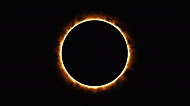 Güneş tutulması, bilgisayar üretimi. Yanan ateş çemberi, geçit, kapı. Fantastik arkaplanın 3d canlandırması.