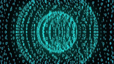 Büyük ve küçük ikili sayı küreleri, bilgisayar üretimi. İkili kod arkaplanının sayılarla üç boyutlu yorumlanması. Soyut ögeler