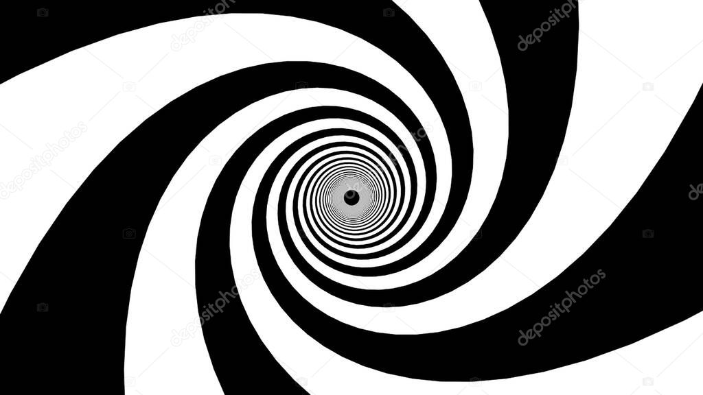 Black and white stripes form a hypnotic funnel, computer generated. 3d rendering of dynamic background