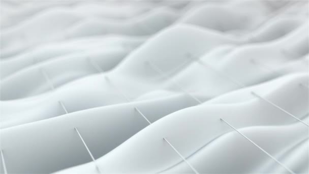 Weiße Wellen gleiten an der Oberfläche dünner, computergenerierter Saiten entlang. 3D-Darstellung von weichem Hintergrund — Stockvideo