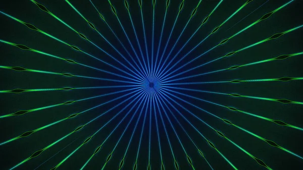 Karanlık soyut bilgisayar tarafından oluşturulmuş bir zemin. Parlak ışıklı neon ışınlarından oluşan bir tünelin 3D görüntülenmesi — Stok fotoğraf