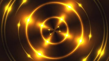 Parlak efektli 3 boyutlu altın fraktal ışıklar. Yanıp sönen halkaların soyut arkaplanı bilgisayar tarafından oluşturuldu.