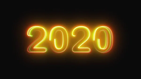 3D рендеринг фона с разноцветным неоновым текстом 2020 на чёрном. Созданный компьютером яркий праздничный стиль — стоковое фото