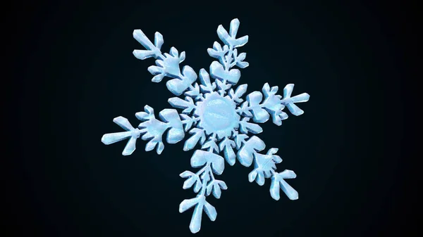 Περιστρεφόμενη κρυσταλλική νιφάδα χιονιού ενάντια στο μαύρο, που δημιουργείται από υπολογιστή. 3D απόδοση χειμερινό φόντο — Φωτογραφία Αρχείου