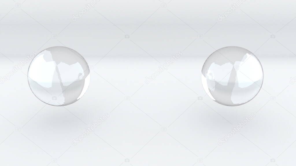 3D rendering abstract background. Computer generated two glass metaballs merge into one