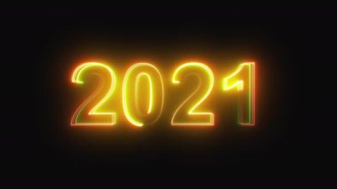 Siyah üzerine çok renkli neon metin 2021 içeren 3D görüntüleme arkaplanı. Bilgisayar parlak festival biçimi oluşturdu