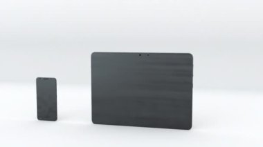 Tablet ve akıllı telefon, yeşil ekran, bilgisayar üretildi. Dokunmatik ekran cihazları, 3D görüntüleme. Bilgisayar tarafından oluşturulan modern arkaplan.