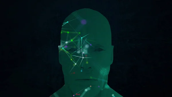 Abstract face and connection dots inside. Technology background. Network concept. 3d rendering