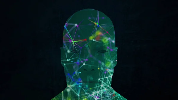 Abstract face and connection dots inside. Technology background. Network concept. 3d rendering