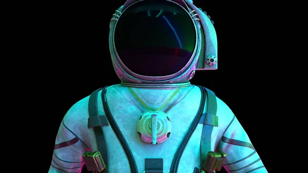 Ein Astronaut in einem Metallschutzanzug im Licht von Neonlichtern. Computergenerierter Weltraum-Hintergrund, 3D-Rendering — Stockfoto